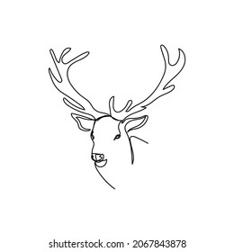 Vector continuous one single line drawing icon of christmas deer in silhouette on a white background. Linear stylized.