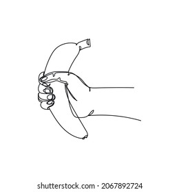 Vector continuous one single line drawing icon of hand holding a banana in silhouette on a white background. Linear stylized.