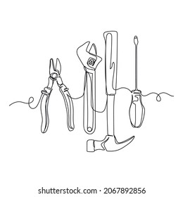 Vector continuous one single line drawing icon of different tools in silhouette on a white background. Linear stylized.