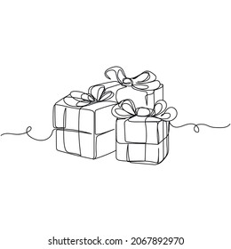 Vector continuous one single line drawing icon of gift box with ribbon in silhouette on a white background. Linear stylized.