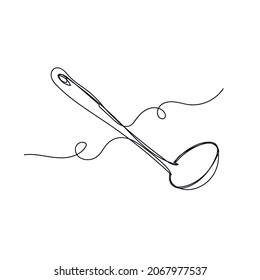 Vector continuous one single line drawing icon of kitchen soup ladle in silhouette on a white background. Linear stylized.