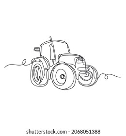 Vector continuous one single line drawing icon of modern agricultural generic tractor in silhouette on a white background. Linear stylized.