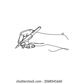 Vector continuous one single line drawing icon of pen in hand in silhouette on a white background. Linear stylized.
