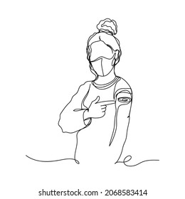 Vector continuous one single line drawing icon of beautiful woman with face mask showing bandage after receive vaccine in silhouette on a white background. Linear stylized.