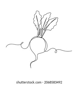 Vector Continuous One Single Line Drawing Icon Of Beetroot With Leaf In Silhouette On A White Background. Linear Stylized.