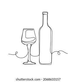 Vector continuo un icono de dibujo de una sola línea de botella de vino y vidrio en silueta sobre un fondo blanco. Linear estilizado.