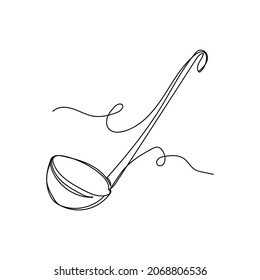 Vector continuous one single line drawing icon of kitchen soup ladle in silhouette on a white background. Linear stylized.