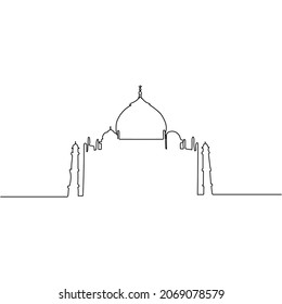 Vector continuous one single line drawing icon Taj Mahal in silhouette on a white background. Linear stylized.