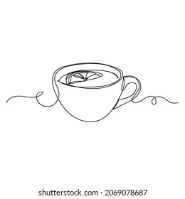 Vector continuous one single line drawing icon of tea with lemon in silhouette on a white background. Linear stylized.