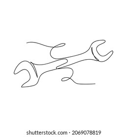 Vector continuous one single line drawing icon of wrench spanner in silhouette on a white background. Linear stylized.