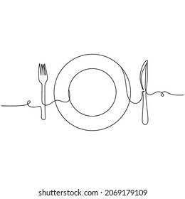 Vector continuous one single line drawing icon of plate fork and knife in silhouette on a white background. Linear stylized.