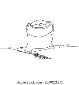 Vector continuous one single line drawing icon of whole flour in bag with wheat ear in silhouette on a white background. Linear stylized.