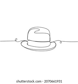 Vector continuous one single line drawing icon of  stylish bowler hat in silhouette on a white background. Linear stylized.