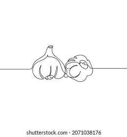 Vector continuous one single line drawing icon of fresh garlic in silhouette on a white background. Linear stylized.