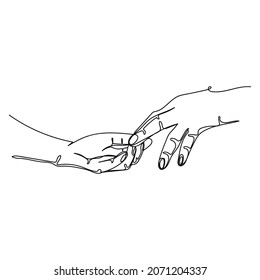 Vector continuous one single line drawing icon of hand holding hand in silhouette on a white background. Linear stylized.