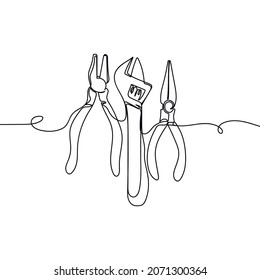 Vector continuous one single line drawing icon of set tools in silhouette on a white background. Linear stylized.