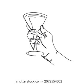 Vector continuous one single line drawing icon of holding a glass of alcohol cocktail in silhouette on a white background. Linear stylized.