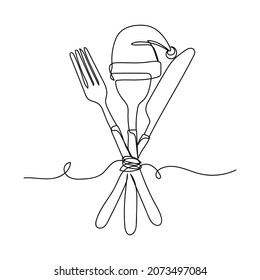 Vector continuous one single line drawing icon of christmas new year table setting in silhouette on a white background. Linear stylized.