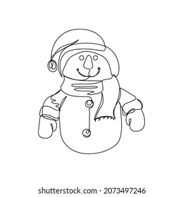 Vector continuous one single line drawing icon of christmas new year snowman in silhouette on a white background. Linear stylized.