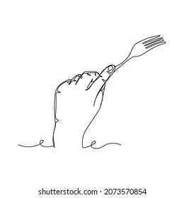 Vector Continuous One Single Line Drawing Icon Of Hand Holding Fork Eating Concept In Silhouette On A White Background. Linear Stylized.