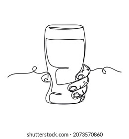 Vector continuous one single line drawing icon of hand holding beer glass in silhouette on a white background. Linear stylized.