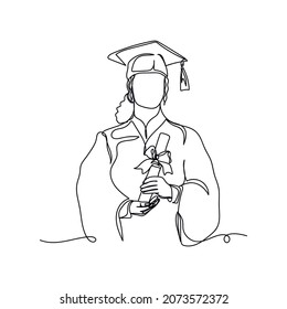 Vector continuous one single line drawing icon of graduate student with diploma in silhouette on a white background. Linear stylized.