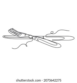 Vector continuous one single line drawing icon of old fork and knife in silhouette on a white background. Linear stylized.