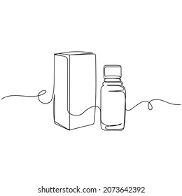 Vector Continuous One Single Line Drawing Icon Of Medicine Bottle And Package In Silhouette On A White Background. Linear Stylized.