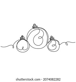 Vector continuous one single line drawing icon of christmas new year ball baubles decoration in silhouette sketch on a white background. Linear stylized.
