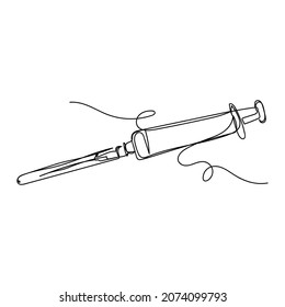 Vector continuous one single line drawing icon of disposable syringe with needle in silhouette sketch on a white background. Linear stylized.