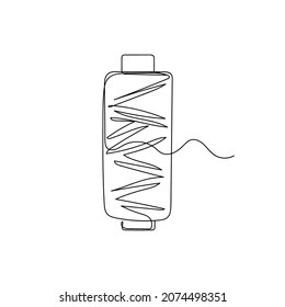 Vector continuous one single line drawing icon of spool of sewing thread in silhouette on a white background. Linear stylized.