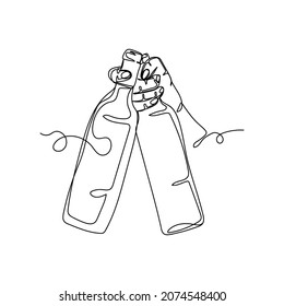 Vector continuous one single line drawing icon of hand holding bottles of wine in silhouette on a white background. Linear stylized.