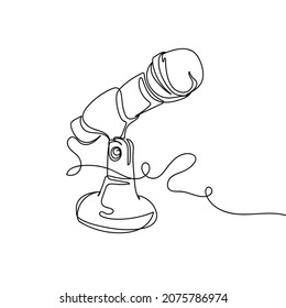 Vector continuous one single line drawing icon of microphone on stand in silhouette on white background. Linear stylized.