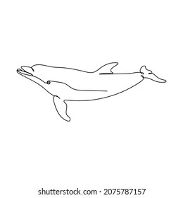 Vector continuous one single line drawing icon of dolphin in silhouette on white background. 
