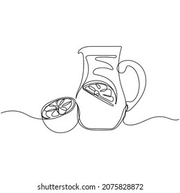 Vector continuous one single line drawing icon of jug of tasty lemonade in silhouette on white background. Linear stylized.