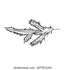 Vector continuous one single line drawing icon of fir branch in silhouette on white background. Linear stylized.