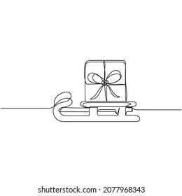 Vector continuous one single line drawing icon of christmas sleigh with gift box in silhouette sketch on white background. Linear stylized.