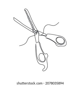 Vector continuous one single line drawing icon of hair scissors in silhouette sketch on white background. Linear stylized.