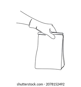 Vector continuous one single line drawing icon of hand holding bag delivery concept in silhouette sketch on white background. Linear stylized.