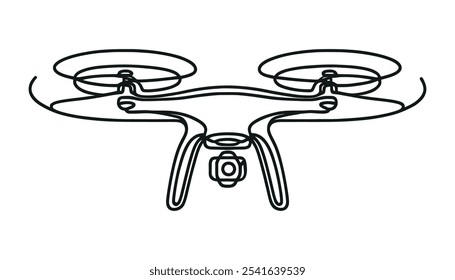 Vetor contínuo ícone de desenho de uma única linha de drone câmera quadcóptero em silhueta em um fundo branco.