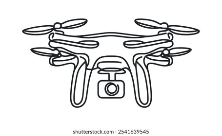 Vector continuous one single line drawing icon of quadcopter camera drone in silhouette on a white background.