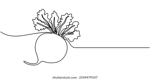 Vector continuo de una sola línea dibujando el ícono de la remolacha con la hoja en la silueta en un fondo blanco. Lineal estilizado. Remolacha en estilo de dibujo de línea continua. Remolacha de jardín negro lineal