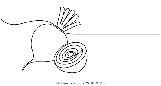 Vetor contínuo uma única linha ícone de desenho de beterraba com folha em silhueta em um fundo branco. Linear estilizado. Beterraba em estilo de desenho de arte de linha contínua. Beterraba de jardim preta linear