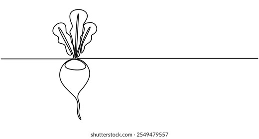 Vetor contínuo uma única linha ícone de desenho de beterraba com folha em silhueta em um fundo branco. Linear estilizado. Beterraba em estilo de desenho de arte de linha contínua. Beterraba de jardim preta linear