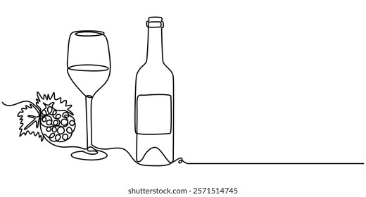 Vector continuous one single line drawing icon of wine glass and grapes in silhouette on a white background. Linear stylized, Vector abstract continuous one single simple line drawing icon of   glass.