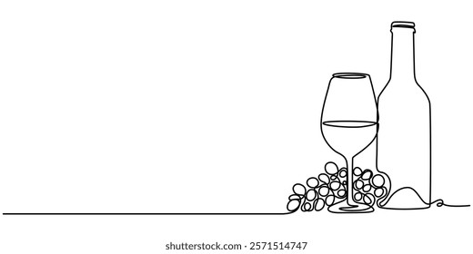 Vector continuous one single line drawing icon of wine glass and grapes in silhouette on a white background. Linear stylized, Vector abstract continuous one single simple line drawing icon of   glass.
