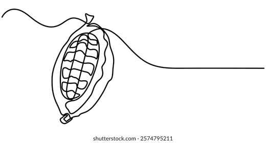 Vector continuous one single line drawing icon of cocoa pods and cocoa beans in silhouette on a white background. Linear stylized, Cocoa beans with leaves and chocolate drawn in continuous line.