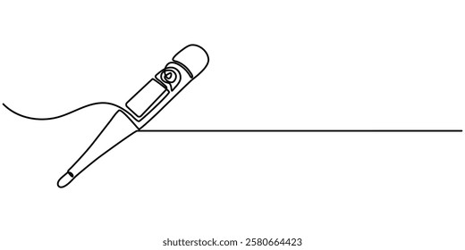 Vector continuous one single line drawing icon of electronic thermometer in silhouette on a white background. Linear stylized, Continuous line drawing Axillary digital thermometer Medical device icon.