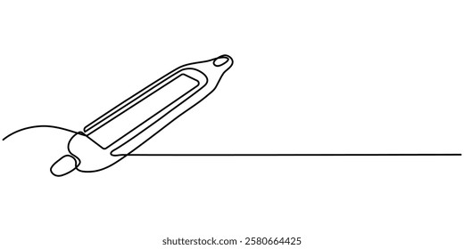 Vector continuous one single line drawing icon of electronic thermometer in silhouette on a white background. Linear stylized, Continuous line drawing Axillary digital thermometer Medical device icon.