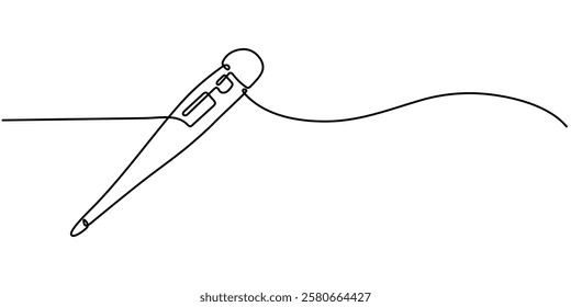 Vector continuous one single line drawing icon of electronic thermometer in silhouette on a white background. Linear stylized, Continuous line drawing Axillary digital thermometer Medical device icon.